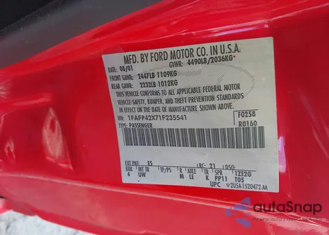 2001 Ford Mustang Gt из США, поврежденный, VIN 1FAFP42X71F235541